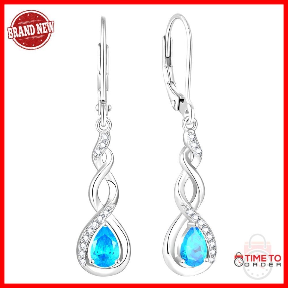 Sterling Silver Infinity Leverback Earrings with Pear-Cut Aquamarine Birthstone